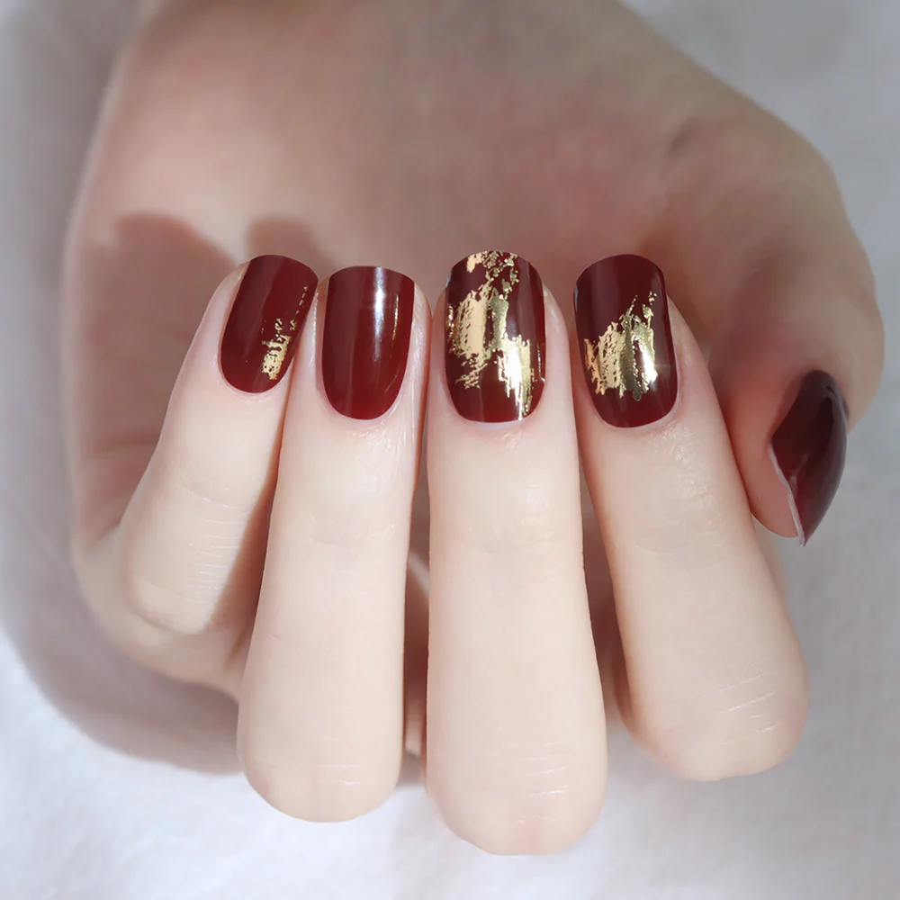 Gel Nail Strips - Burgundy Foil Art - Image 3