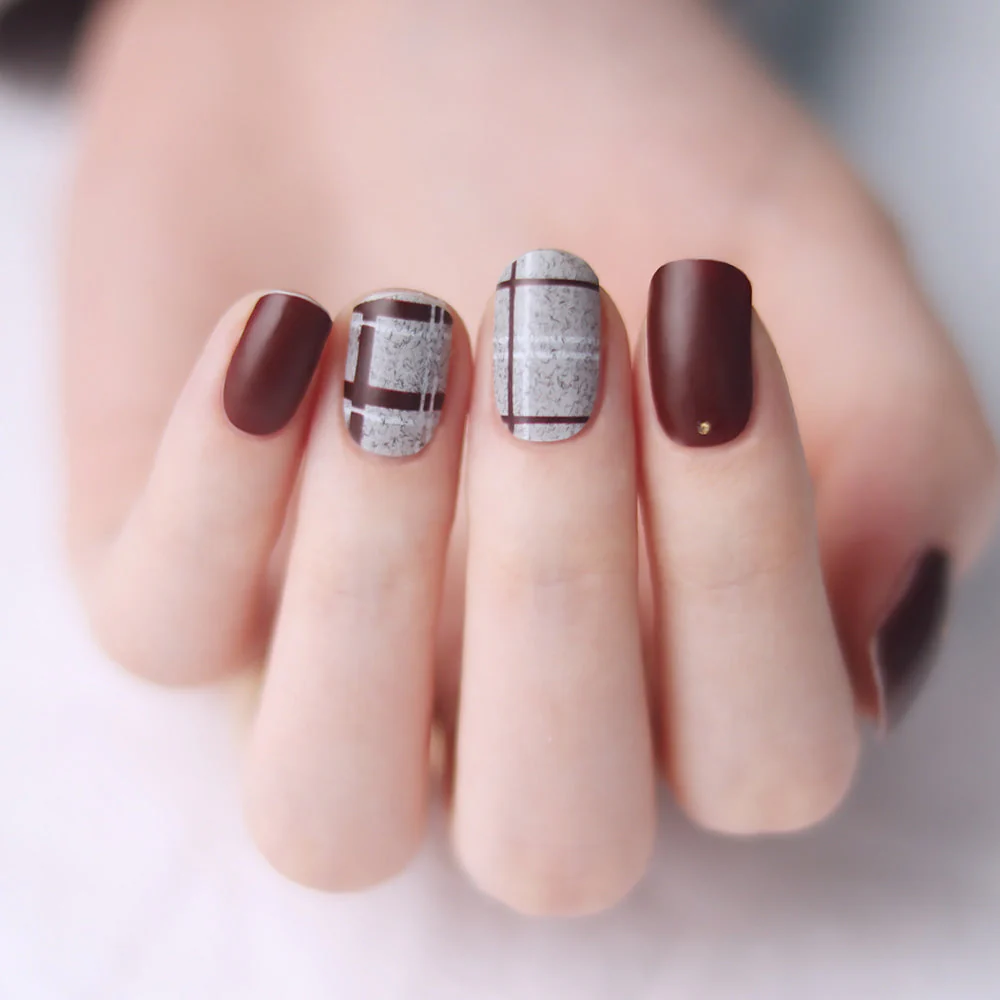 Gel Nail Strips - Burgundy Velvet Check Matte - Image 3